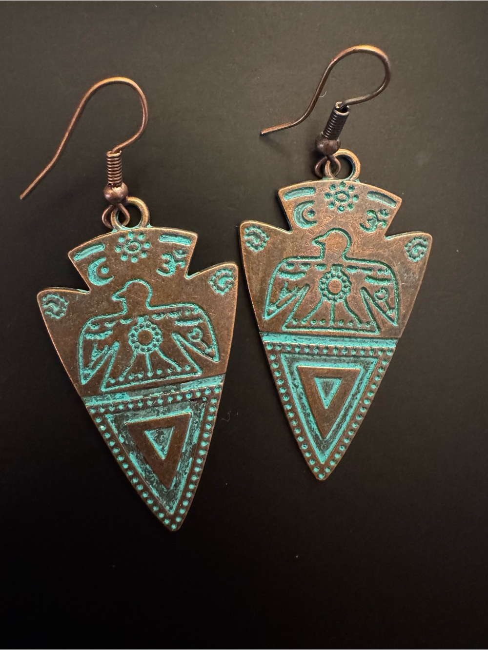 Southwestern Thunderbird Copper Patina Arrowhead Statement Earrings 2.25"